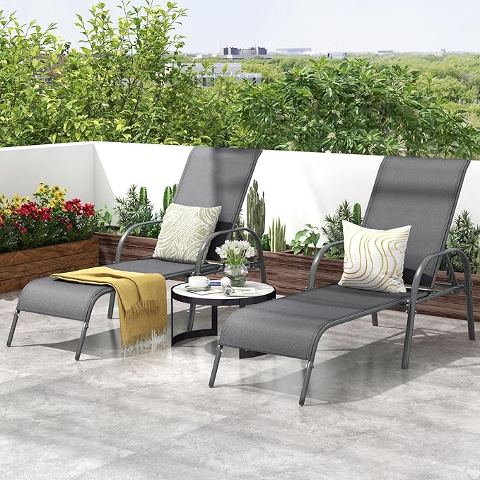 COSTWAY Outdoor Lounge Chairs Set of 2, Patio Chaise Lounge Recliner with Heavy Duty Steel Frame, 5-Position Adjustable Backrest for Deck, Beach, Pool (2, Dark Grey)