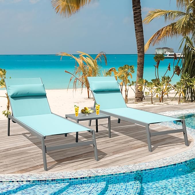 Domi Patio Chaise Lounge Set of 3, Aluminum Pool Lounge Chairs with Side Table, Outdoor Adjustable Recliner All Weather for Poolside, Beach, Yard, Balcony (Turquoise Blue)