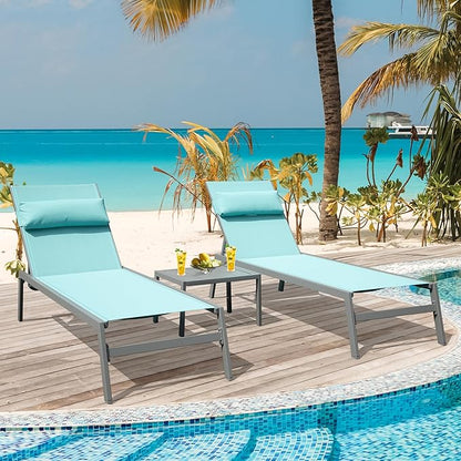 Domi Patio Chaise Lounge Set of 3, Aluminum Pool Lounge Chairs with Side Table, Outdoor Adjustable Recliner All Weather for Poolside, Beach, Yard, Balcony (Turquoise Blue)