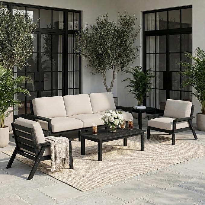 HDPE 5 Piece Patio Furniture Set, Outdoor Couch with Washable Thick Beige Cushions & Coffee Table & Side Table, Outdoor Sectional Furniture for Backyard, Deck, Lawn, Porch (Black Frame)