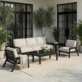 HDPE 5 Piece Patio Furniture Set, Outdoor Couch with Washable Thick Beige Cushions & Coffee Table & Side Table - Photo 1