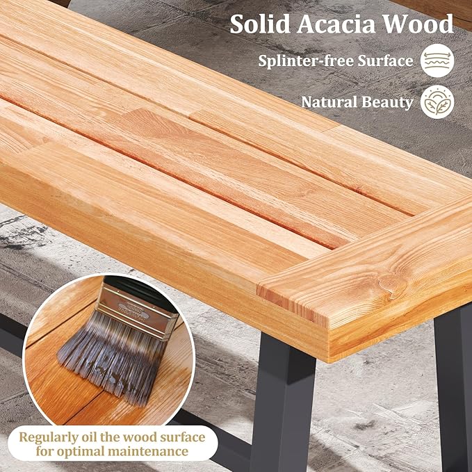 Tangkula 63 Inches Acacia Wood Outdoor Bench, 3-Person Patio Bench with 800 lbs Weight Capacity, Outdoor Backless Bench with Heavy-Duty Metal Frame for Garden, Porch and Backyard (1)