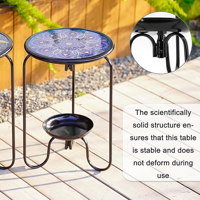 Modern Mosaic Mandala Pattern Glass Patio Table with Bottom Tray - Outdoor Side, Small Accent for Yard, Porch, Garden, Living Room, Coffee Tea, Plant Stand (Blue Mandala)
