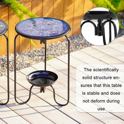 Modern Mosaic Mandala Pattern Glass Patio Table with Bottom Tray - Outdoor Side, Small Accent for Yard, Porch, Garden, Living Room, Coffee Tea, Plant Stand (Blue Mandala)