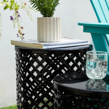 Glitzhome Outdoor Side Table Set of 2, Decorative Garden Stool for Patio Heavy Duty Metal Frame Modern Accent Table, Black