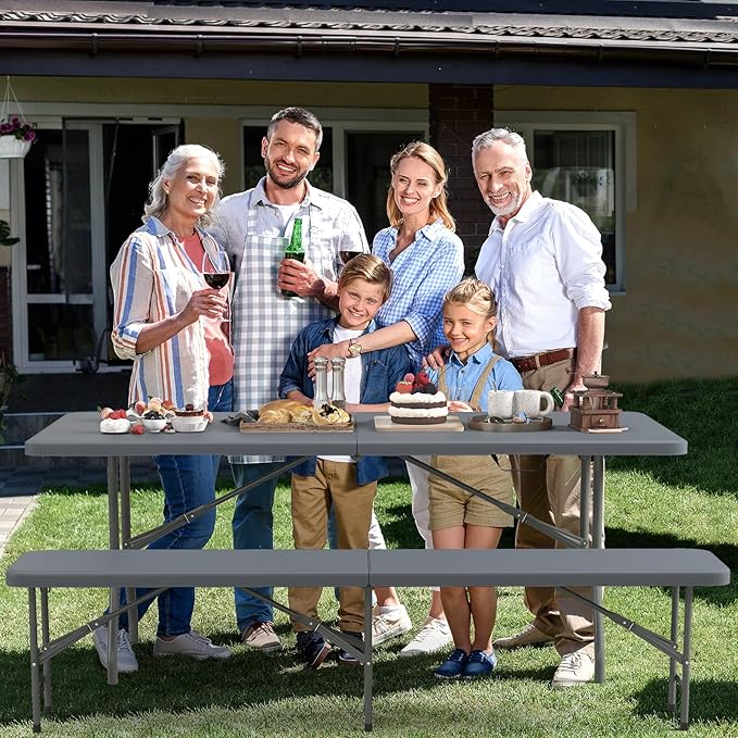 Giantex 6 FT Plastic Folding Bench, HDPE Portable Seat w/Metal Legs, Fold-in-Half Outdoor Bench for Picnic, Garden, Camping, Party Sport Events, 1320 lbs Capacity, No Assembly (2, Gray)
