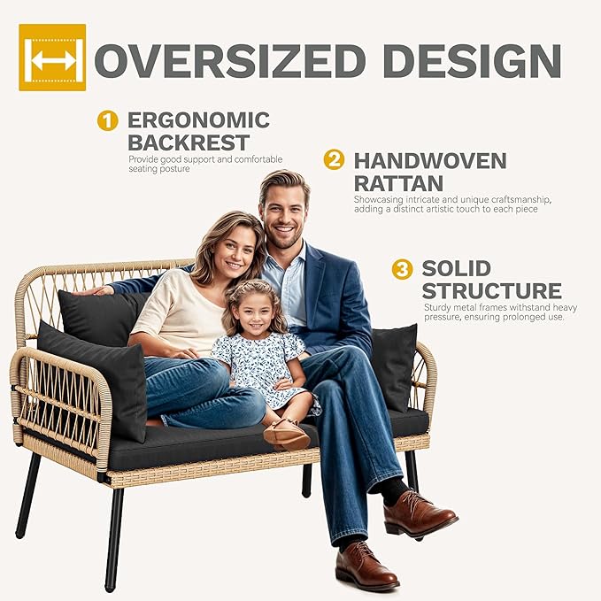 DWVO Outdoor Loveseat, Patio Wicker Furniture Set with Cushion & Adjustable Feet, Patio Couch for Garden, Balcony - Photo 6