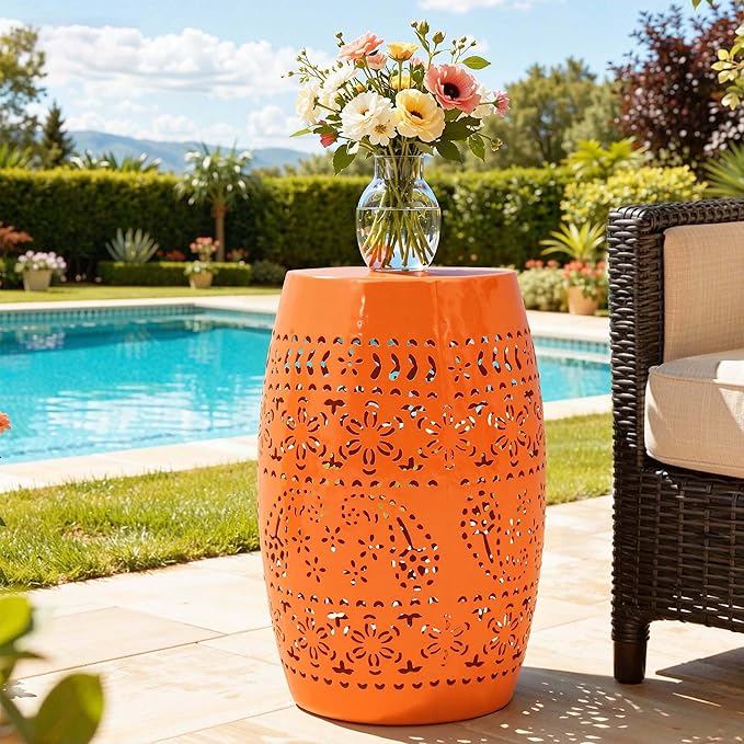 Large Outdoor Side Table, 18"H Modern Lace Cut-Out Metal End Table - Photo 1
