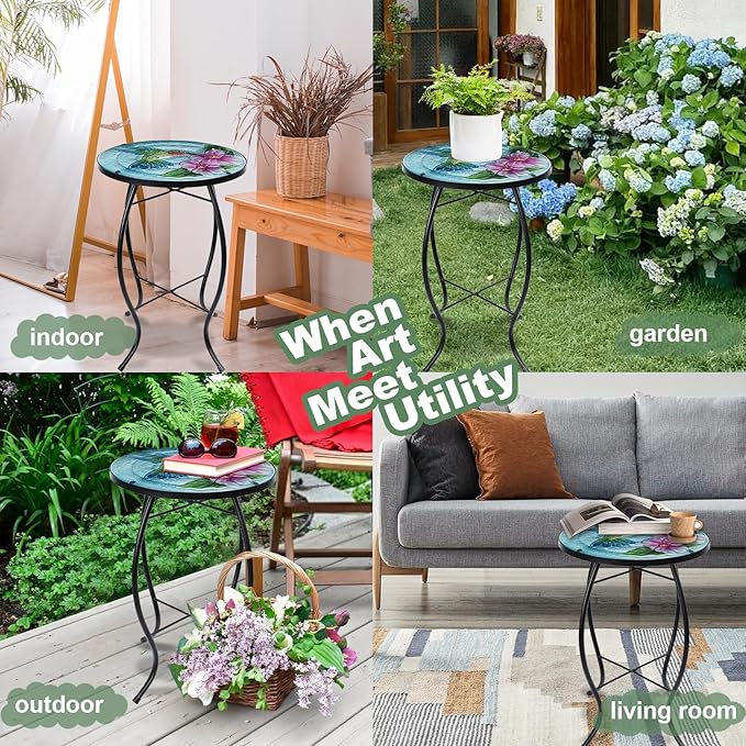 VCUTEKA Patio Side Table Outdoor Accent Table Small Mosaic Table Coffee Table End Table Porch Indoor Outdoor Round Glass Balcony Bistro Hummingbird Flowers 14 inches