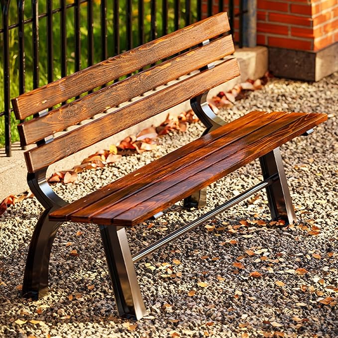 Outdoor Garden Bench, Park Bench with Back, Metal Steel Frame Bench Patio, Metal Bench, Perfect for Garden, Patio, Porch, Deck(Brown,120cm/47.2in)