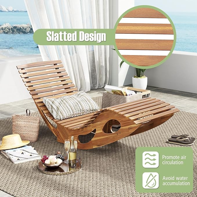 RELAX4LIFE Rocking Chaise Lounge Chair - Acacia Wood Sun Lounger w/Slatted Seat & Bottom Stopper - Photo 7