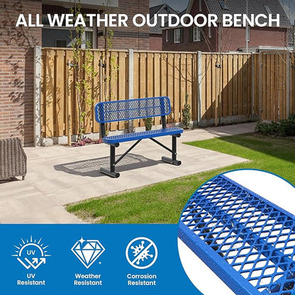 4 Feet Steel Park Bench for Outside, Outdoor Bench with Backrest & Portable Frame, Commercial Benches for Shopping Malls, Stores, Parks, Patios, Decks, Dark Blue