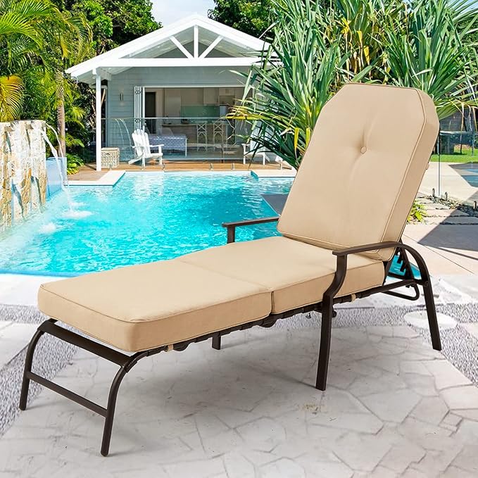 U-MAX Adjustable Outdoor Chaise Lounge Chair Patio Lounge Chair Recliner Furniture with Armrest and Cushion for Deck, Poolside, Backyard (Beige, 1 PC)