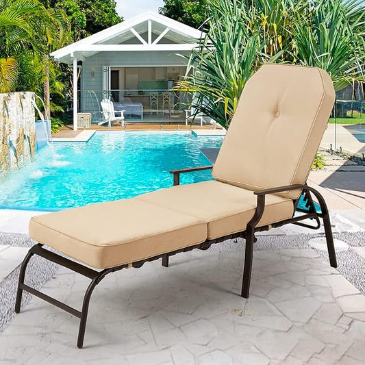 U-MAX Adjustable Outdoor Chaise Lounge Chair Patio Lounge Chair Recliner Furniture with Armrest and Cushion for Deck, Poolside, Backyard (Beige, 1 PC)