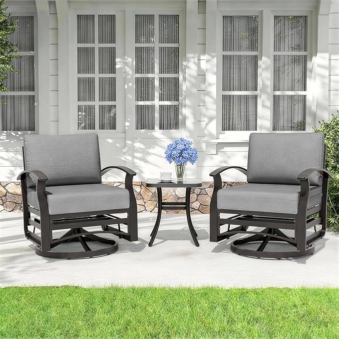 Kurapika 3 Pieces Patio Furniture Set, Outdoor Aluminum Rocking Chair, Patio Bistro Set Swivel Gliders Rocker with Thickened Cushions and Side Table for Porch Garden Deck(Grey)