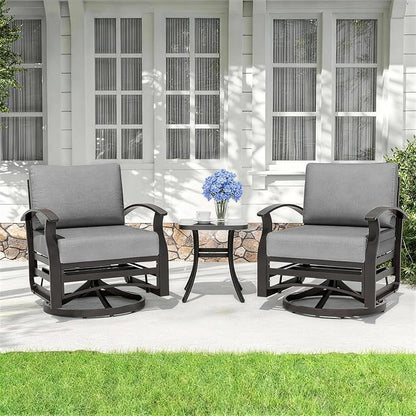 Kurapika 3 Pieces Patio Furniture Set, Outdoor Aluminum Rocking Chair, Patio Bistro Set Swivel Gliders Rocker with Thickened Cushions and Side Table for Porch Garden Deck(Grey)