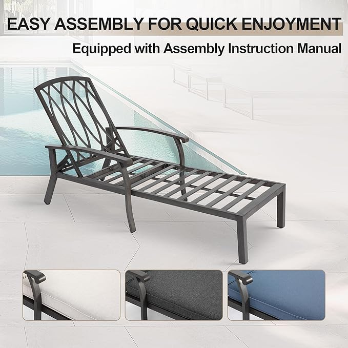 Chaise Lounge Chair Outdoor with Wheels, Cast Aluminum Tanning Chair with Beige Cushion - Photo 6