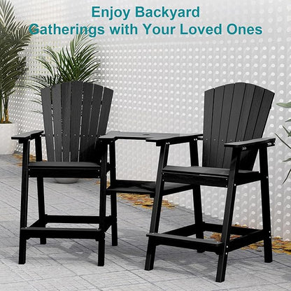 PLUUV Tall Adirondack Chairs Set of 2 High Back Adirondack barstools with Removable Connecting Tray, HDPE Height Adirondack Barstools, High Patio Chairs for Balcony, Lawn, Deck, Backyard - Black