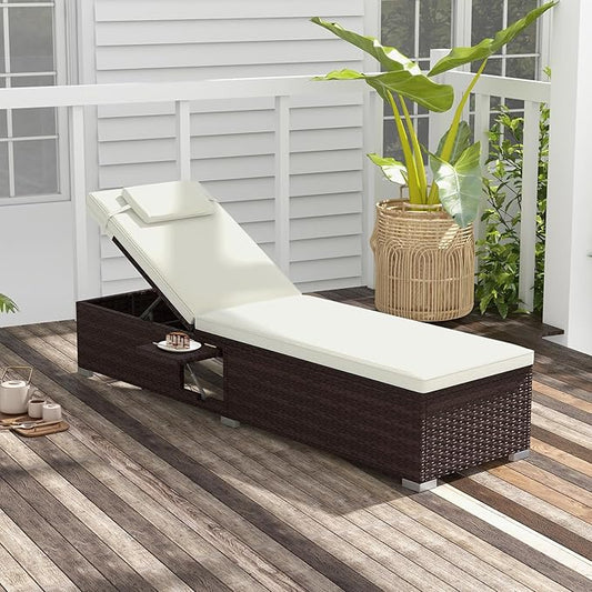 Tangkula Patio Chaise Lounge, Outdoor Rattan Lounge Chair w/ 6-Level Backrest, Comfy Seat Cushion & Headrest, Sturdy Metal Frame, Outside Reclining Chair for Backyard, Poolside (1, Off White)