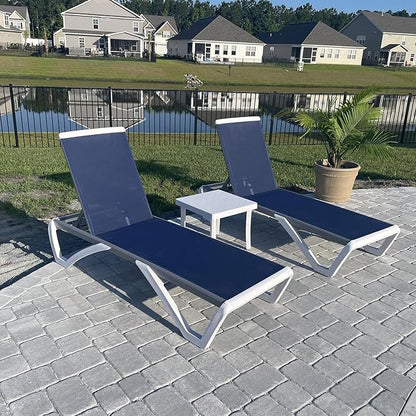 PURPLE LEAF Patio Chaise Lounge Chair Set of 3 Outside Aluminum Plastic Stackable Tanning Chairs for Pool Sunbathing Beach Deck Outdoor Lounger, Navy Blue