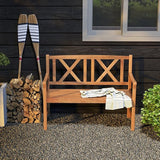 COSTWAY Outdoor Wooden Bench, Outdoor Acacia Wood Loveseat with Curved Armrest & Backrest, Sturdy Wood Bench for Garden - Photo 6