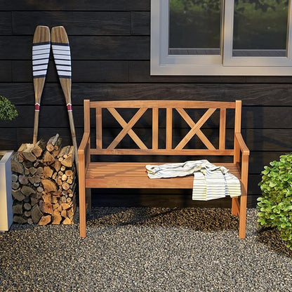 COSTWAY Outdoor Wooden Bench, Outdoor Acacia Wood Loveseat with Curved Armrest & Backrest, Sturdy Wood Bench for Garden, Park & Porch, 47.5"x 22" x 34”