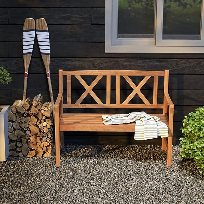 Wooden Outdoor Bench, 47.5” Rustic Acacia Wood Bench, Outside Garden Bench w/High Back & Armrest, 2-Person Loveseat Patio Bench for Front Porch Backyard Park, Teak Finish (Cross)