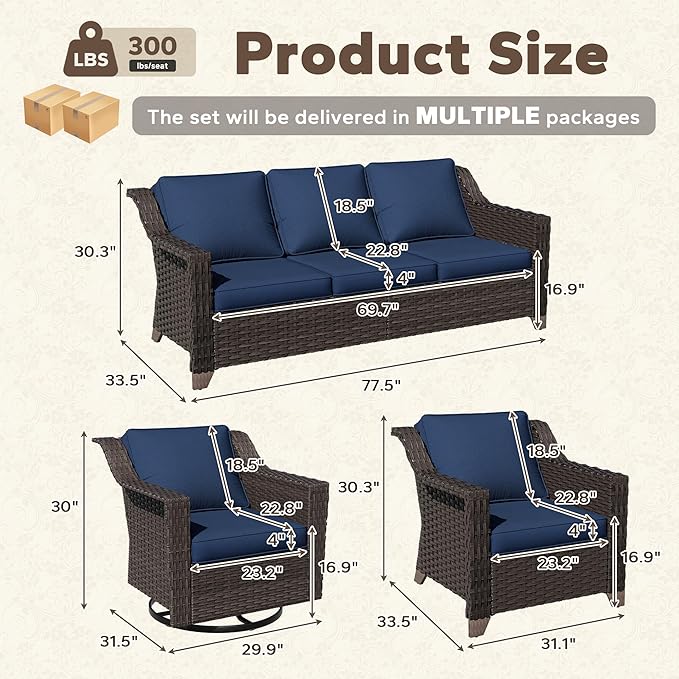 5 Pieces Patio Conversation Furniture Set - 1 Sofa, 2 Armchairs, 2 Swivel Chairs - Photo 2