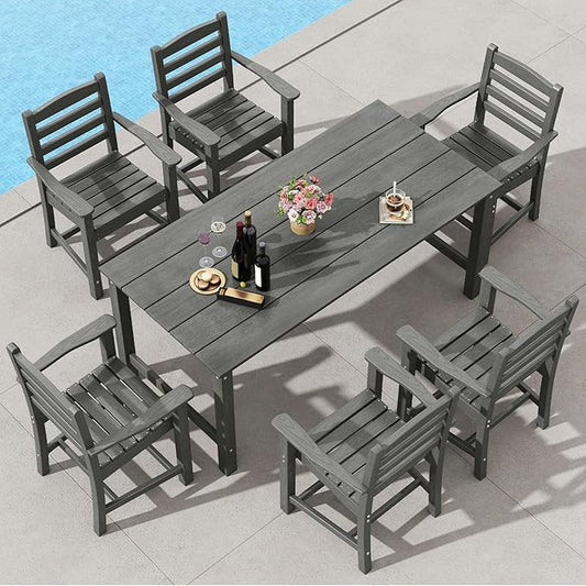 Tangkula 7 Pcs Outdoor Dining Table Set for 6, 67” HDPE Weather-Resistant Patio Rectangle Table & 6 Armchairs w/Curved Seat, Umbrella Hole, Wood Grain, Plastic Dining Furniture (Gray, 7 Pcs)