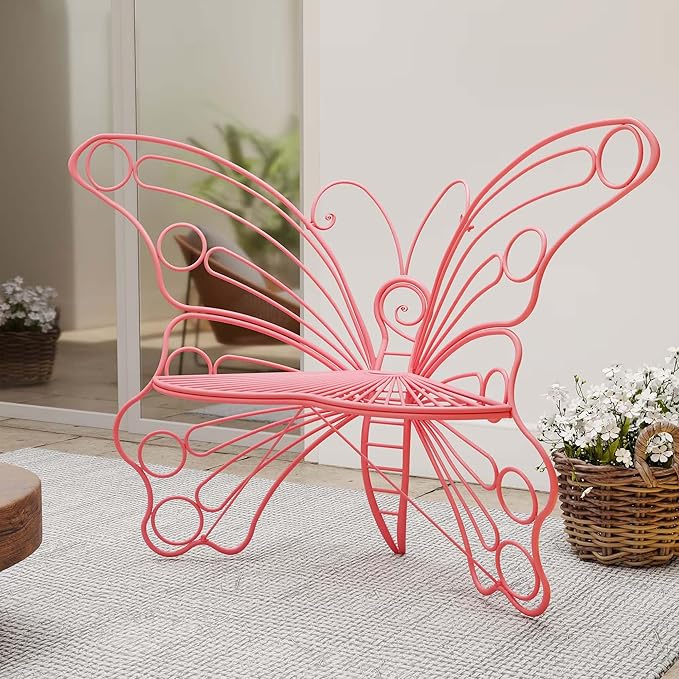 Pink Butterfly Benches Outdoors, Pretty Garden Bench & Cute Metal Outside Bench, Front Porch Benches Outdoor with Sturdy Frame for Lawn Yard Balcony (Pink)