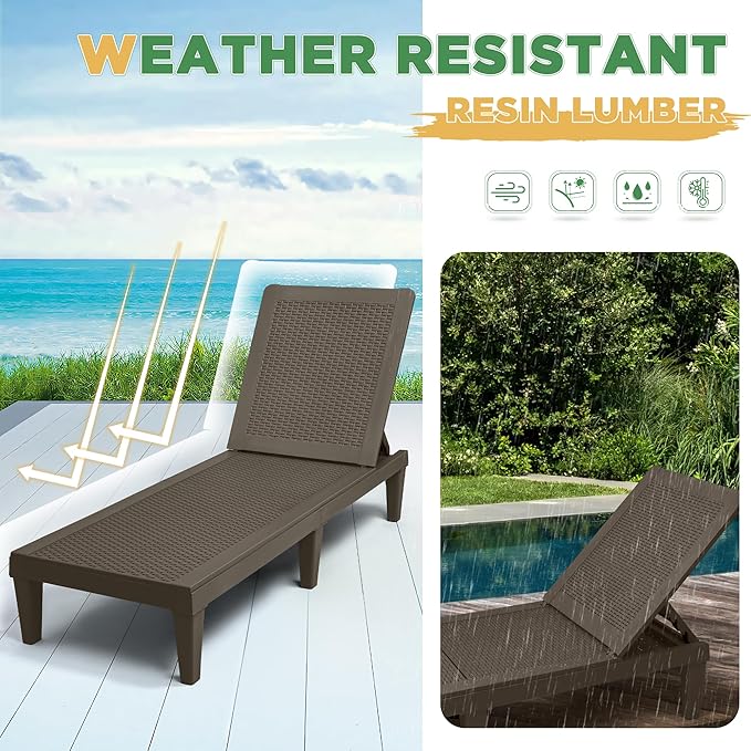 Greesum Outdoor Chaise Lounge Chairs Set of 4 with 5-Position Adjustable Backrest, Waterproof PP Sun Chaise Loungers for Garden Pool Beach Patio Deck Sunbathing, Brown