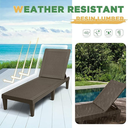 Greesum Outdoor Chaise Lounge Chairs Set of 4 with 5-Position Adjustable Backrest, Waterproof PP Sun Chaise Loungers for Garden Pool Beach Patio Deck Sunbathing, Brown