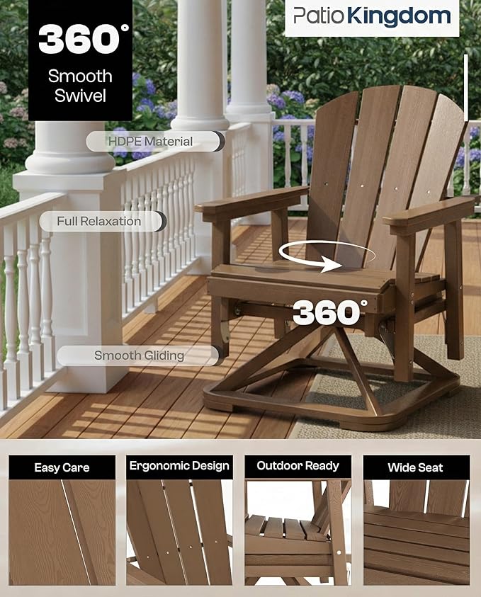 HDPE Swivel Glider Chair Outdoor, Weather Resistant Adirondack Outside Rocking Chair, Wooden Textured Outdoor Swivel Chair Set of 4 for Porch, Balcony, Poolside, Backyard (Teak)