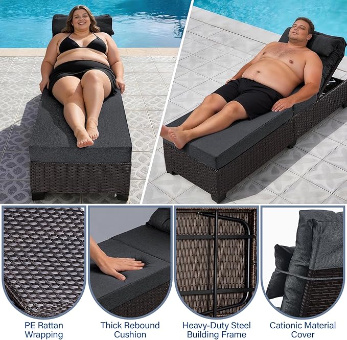 Outdoor Chaise Lounge Chair, Patio Rattan Adjustable Recliner with 5-Inch Thick Cushion, Heavy Duty Metal Lounger for Pool Beach Yard (Gray)