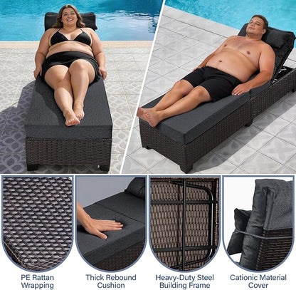Outdoor Chaise Lounge Chair, Patio Rattan Adjustable Recliner with 5-Inch Thick Cushion, Heavy Duty Metal Lounger for Pool Beach Yard (Gray)