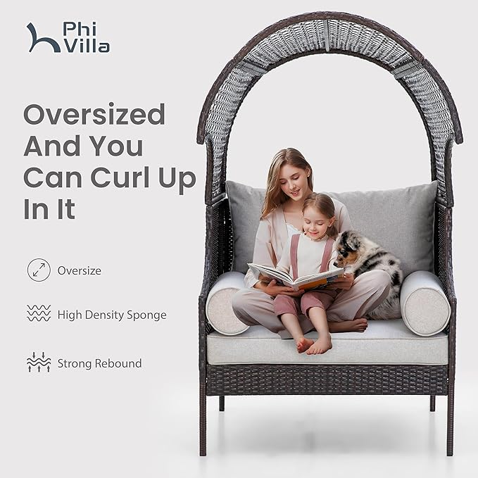 PHI VILLA Outdoor Wicker Egg Chair, Oversized Lounge Chair with Cushion, Large Brown Basket Rattan Chair for Patio - Photo 6