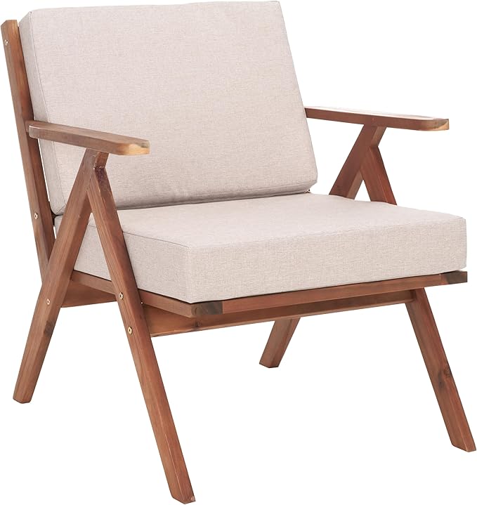 SAFAVIEH Outdoor Collection Dryad Mid-Century Modern Natural/Light Grey Solid Wood Chair with Cushion, Ideal for Deck, Patio, Backyard, Sunroom