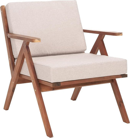 SAFAVIEH Outdoor Collection Dryad Mid-Century Modern Natural/Light Grey Solid Wood Chair with Cushion, Ideal for Deck, Patio, Backyard, Sunroom