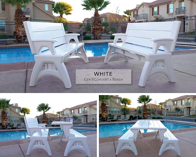 Convert-a-Bench 2-in-1 Outdoor Bench & Picnic Table - Foldable, Weather-Resistant Seating - Perfect for Patio, Lawn, Garden, or Deck - Durable Construction, Easy Assembly - 1 Bench/Order, White