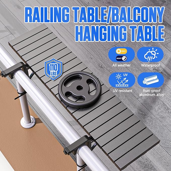 Balcony Bar Table for Railings, Hyperzoo Outdoor Patio Bar, Heavy-Duty Galvanized Iron 49"×9.6" Balcony Side Table, Holds 110 lbs, Adjustable，Easy Assembly，Fits 4.4" or Less Top Rail（Black）