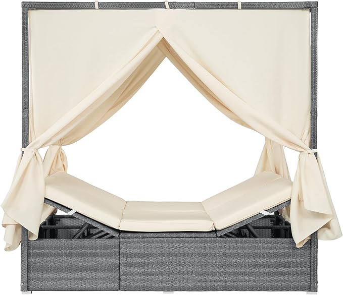 Harper & Bright Designs Adjustable Outdoor Sun Lounger with Canopy,Multi-Position Recline Patio Chair with Removable Cushion,Weather-Resistant Rattan Chaise Lounge for Poolside,Garden & Terrace,Beige