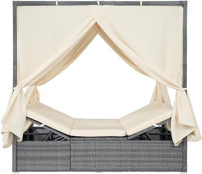 Harper & Bright Designs Adjustable Outdoor Sun Lounger with Canopy,Multi-Position Recline Patio Chair with Removable Cushion,Weather-Resistant Rattan Chaise Lounge for Poolside,Garden & Terrace,Beige