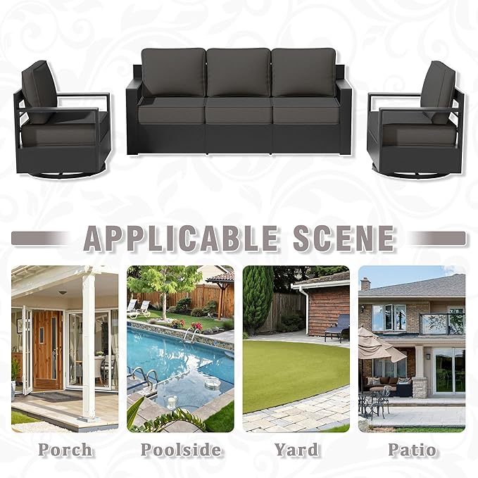 Outdoor Aluminum Furniture Set, 3-Piece Patio Conversation Set, 2 Swivel Chairs and 1 Sofa, All-Weather Metal Frame, 6" Thick Removable Cushions, Deep Setting for Garden, Poolside and Porch
