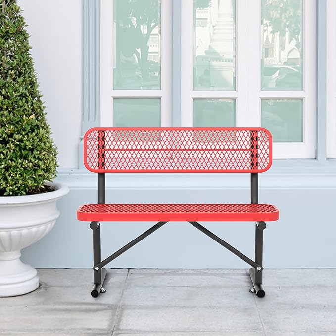 4 Ft Metal Park Bench for Outside, All-Weather Thermoplastic Coating Outdoor Bench with Backrest, Commercial Heavy Duty Benches for Shopping Malls, Stores, Parks, Patios, Decks, Red