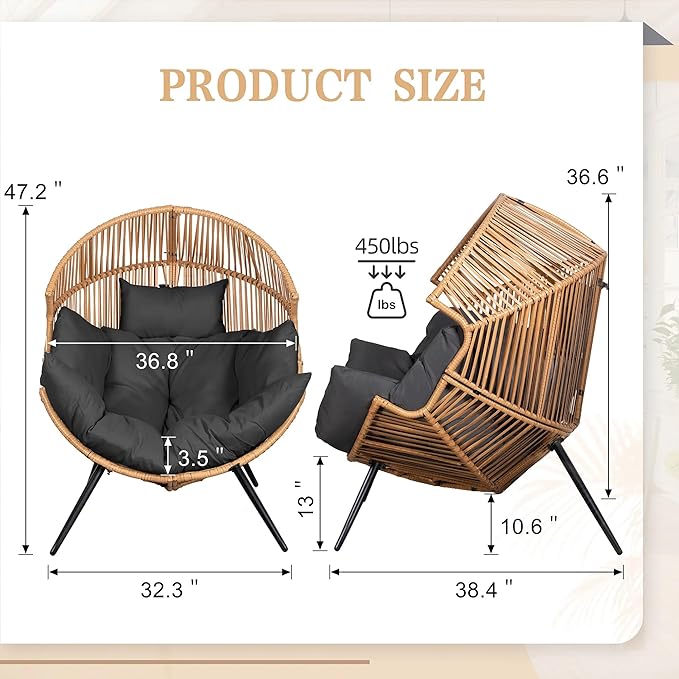 SUNLEI Outdoor Wicker Egg Chair PE Rattan Chair with Cushion, Oversized Patio Lounge Chair for Outdoor, Indoor, Balcony, Backyard, Black