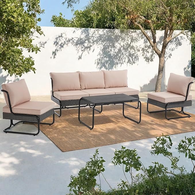 4 Piece Patio Furniture Set, Modern Patio Conversation Set for 5, All Weather Bistro Furniture Set, Metal Patio Sofas Outdoor Sectional with Coffee Table and Cushions for Lawn/Garden, Khaki