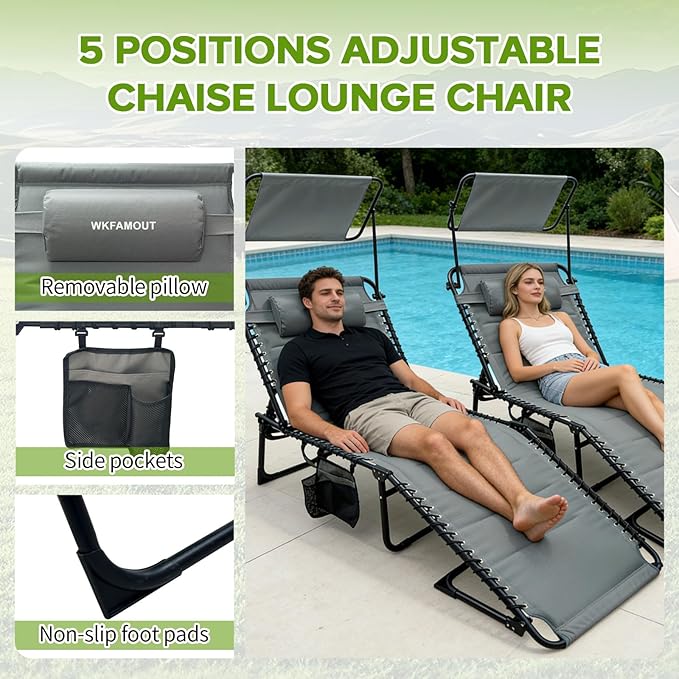 Outdoor Folding Lounge Chair with Removable Canopy & Pillow, Padded Reclining Chaise Lounge Chair 5-Position Heavy Duty Beach Chair for Patio, Beach, Pool, Camping