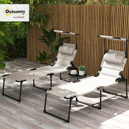 Outsunny 2 Pieces Outdoor Lounge Chair, Adjustable Backrest Folding Chaise Lounge, Cushioned Tanning Chair with Sunshade Roof & Pillow Headrest for Beach, Camping, Hiking, Cream White