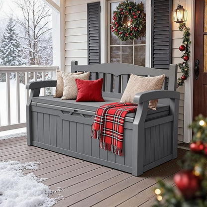 JUMMICO 80 Gallon Resin Outdoor Storage Bench with Cushion, Large Deck Box with Armrest, Lockable&Waterproof for Garden, Home, Patio, Pools (Grey, 80 Gallon)