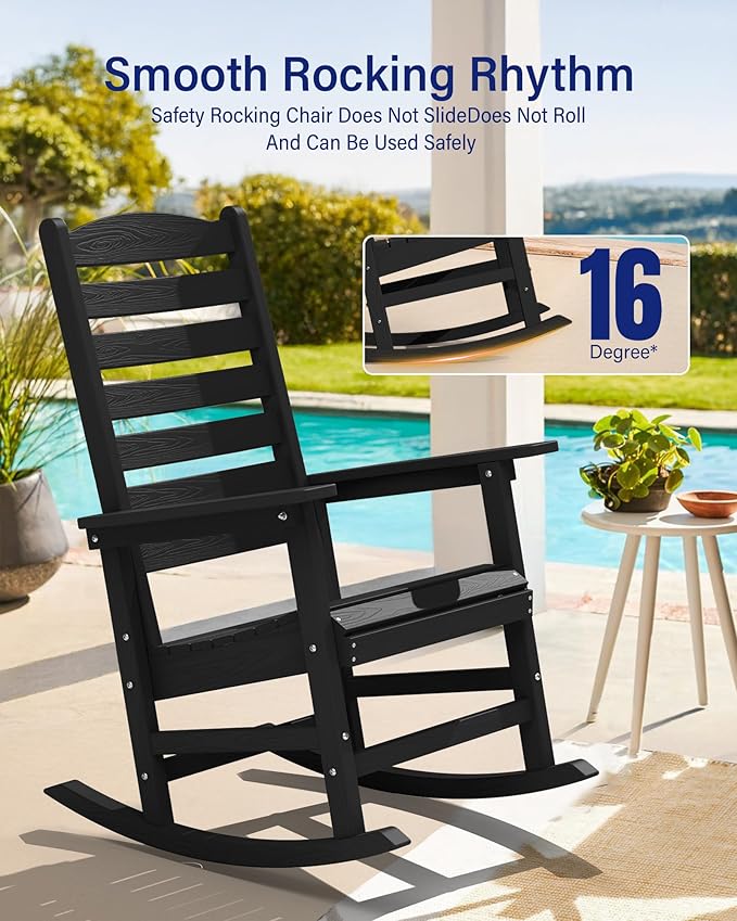 YEFU Outdoor Rocking Chair with Curved Backrest, Poly Porch Rocker, Weather Resistance Patio Rocking Chair,Like Real Wood,for Indoor,Lawn, Backyard,Garden,Heavy Duty, Weight Capacity 380lbs(Black)